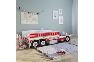 Kids Collective Letto auto 80x160 cm letto gioco per bambini con protezione anticaduta e rete a doghe 80x160 vigili del fuoco letto auto per bambini da 3 a 10 anni