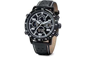 PINDOWS Uhren für Herren, Herren-Armbanduhr, Militär, digital, analog, lässig, Dualzeit, Leder-Armbanduhr, multifunktionale Modeuhr mit LED-Hintergrundbeleuchtung, Alarm, Stoppuhr, Kalender