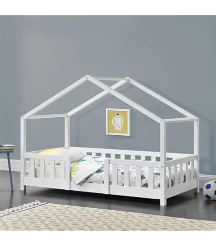 Letto Per Bambini A Tetto Con Recinzione - 90x200 Cm, Legno Massiccio, Design A Casetta - Foto 12