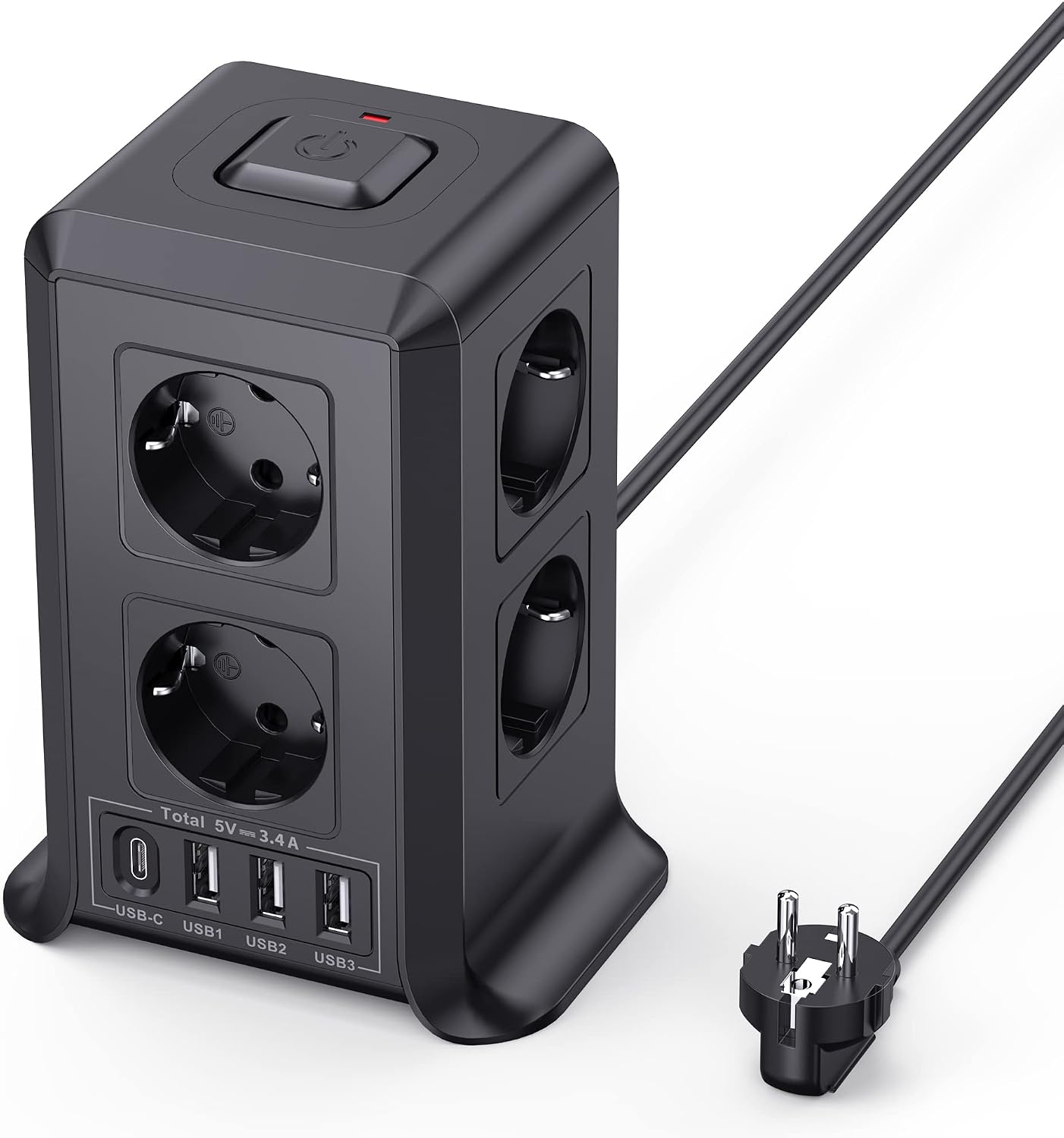 Torre Regletas Enchufes, Regleta USB 8 Tomas de AC y 4 USB Enchufe Multiple, 2500W/10A,Regleta Enchufes Proteccion Sobretension, 2M Regreltas Vertical con Interruptor para Mesa, Oficia, Casa, Negro
