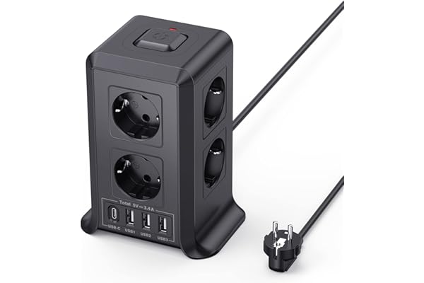 Torre Regletas Enchufes, Regleta USB 8 Tomas de AC y 4 USB Enchufe Multiple, 2500W/10A,Regleta Enchufes Proteccion Sobretension, 2M Regreltas Vertical con Interruptor para Mesa, Oficia, Casa, Negro