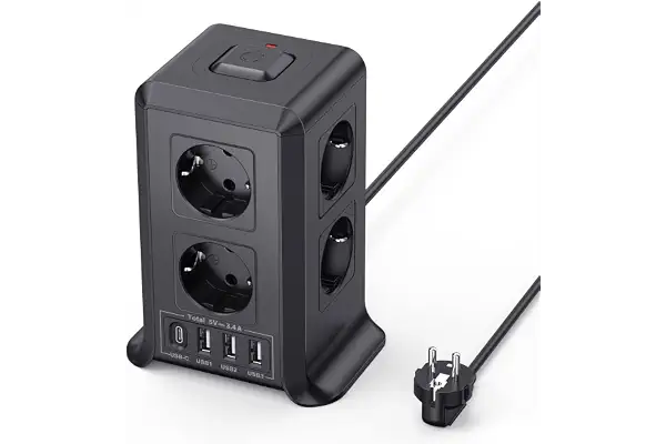 8 Tomas AC Torre Regletas Enchufes con 2 M Alargador Enchufe Multiple 4 USB | Regleta Enchufes con 3 USB A y 1 USB C,Ladron Enchufes Regleta Vertical con Interruptor para Mesa, Oficina y Casa Negro