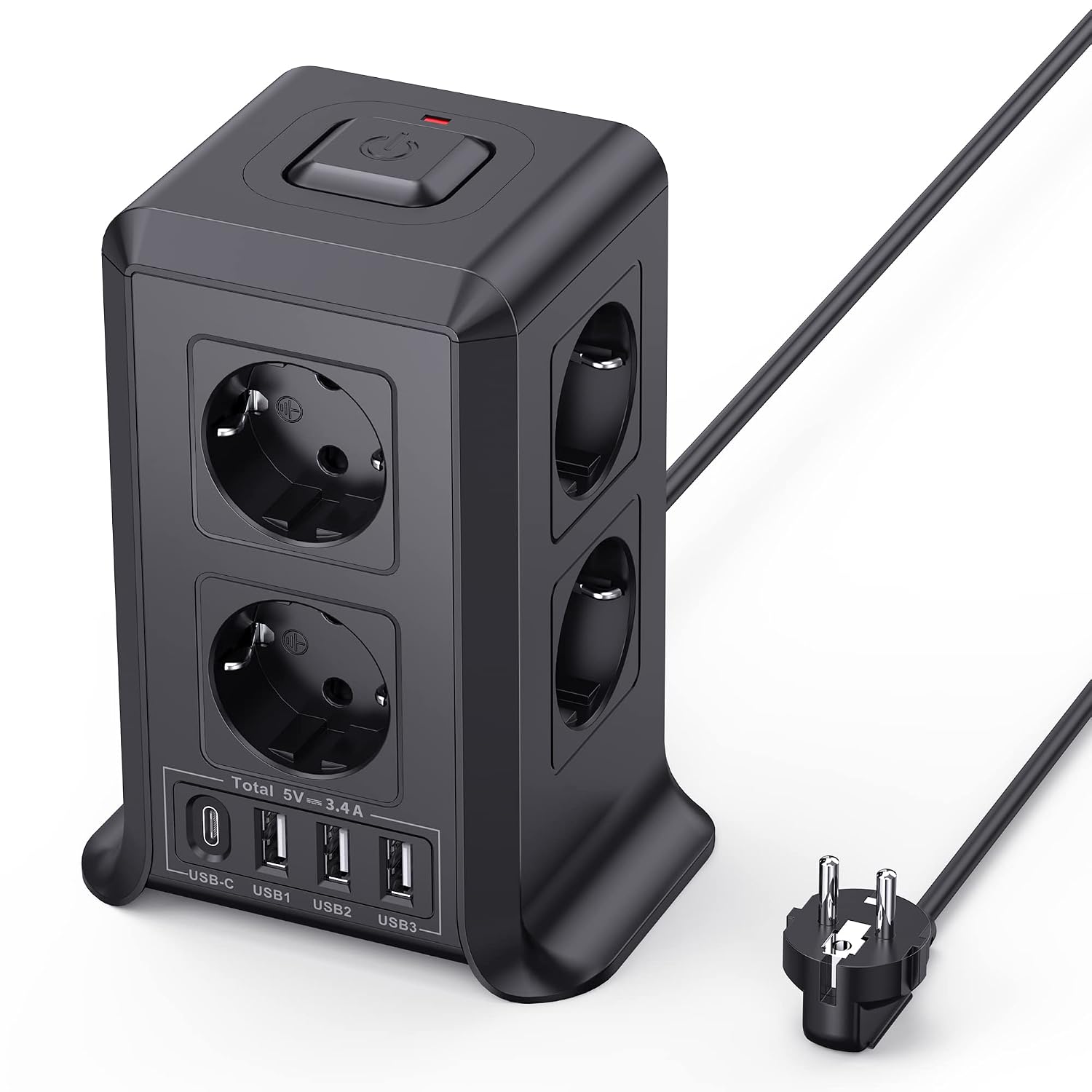 8 Tomas AC Torre Regletas Enchufes con 2 M Alargador Enchufe Multiple 4 USB | Regleta Enchufes con 3 USB A y 1 USB C,Ladron Enchufes Regleta Vertical con Interruptor para Mesa, Oficina y Casa Negro