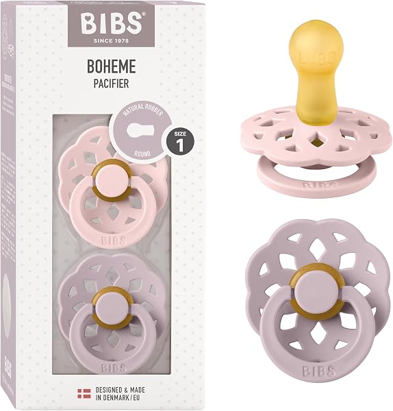 BIBS Boheme Soother 2-Pack. BPA Free. Round Nipple, Natural Rubber Latex, Made in Denmark. Size 1 (0-6 Months), Blossom/Dusky Lilac - 1