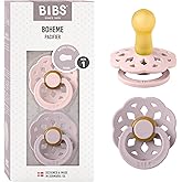 BIBS Boheme Pacifier, 0-6 Months, 2-Pack, Blossom/Dusky Lilac | Round Teat | Natural Rubber Latex | Size 1 | BPA Free | Made