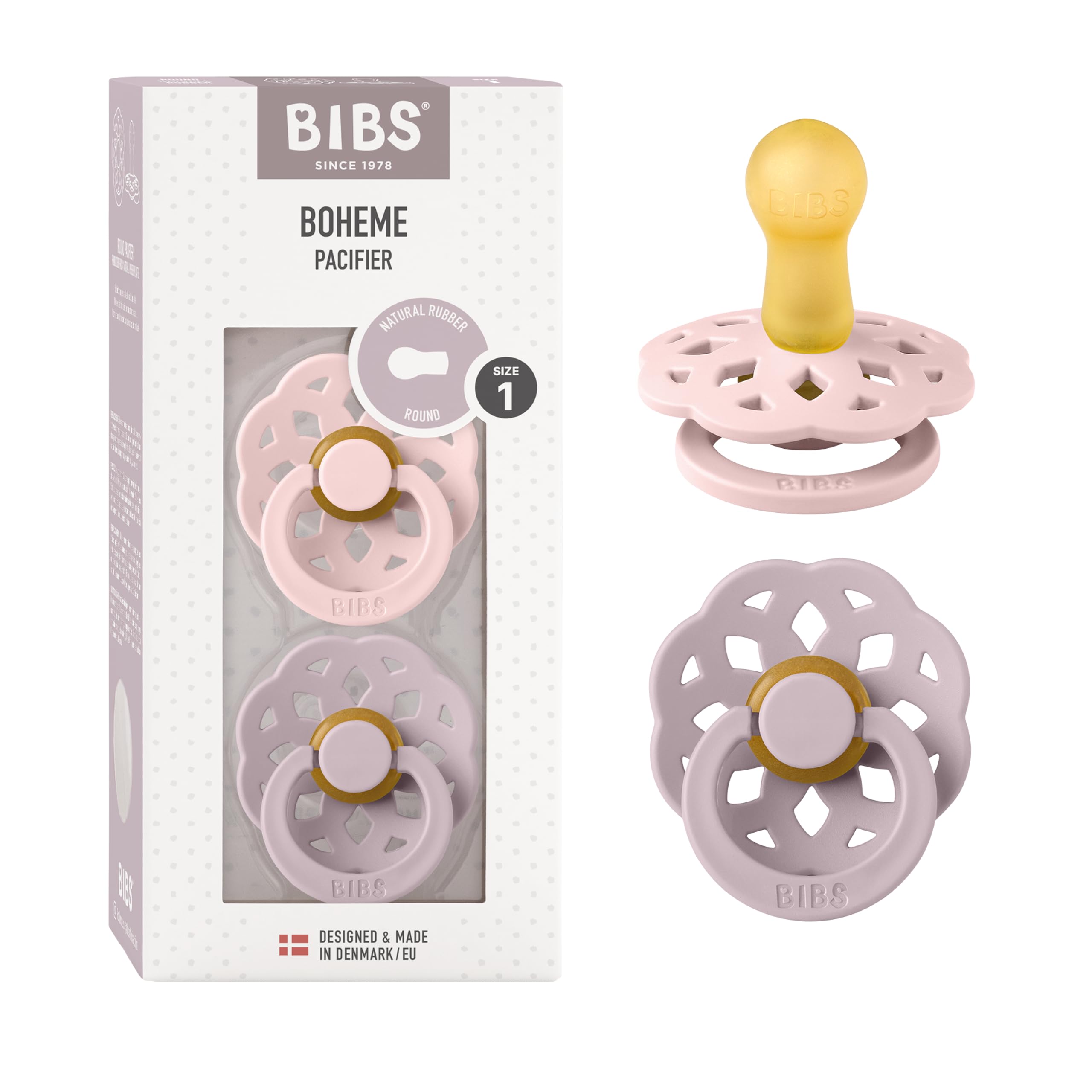 BIBS Boheme Schnuller 2er-Pack. BPA-frei, Kirschform Nippel. Naturkautschuk/Latex, Hergestellt in Dänemark. 0-6 Monate (2er Pack), Blossom/Dusky Lilac - 1