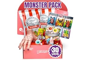 BELROS Pack Especial Halloween, Incluye Mix de 13 Chuches Surtidas y Mano Terrorifica de Plastico de Regalo. Golosinas y Caramelos en Botes Reutilizables. Tarro con Surtido de Golosinas Terrorificas