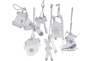 RiloStore 6 TLG Set Christbaumschmuck Weiss Holz Schlittschuhe Ski Schlitten OTH Baumschmuck Nostalgie Alpen Winter Chirstbaumdeko Hänger Holzdeko