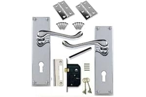 Golden Grace Victorian Scroll Polished Chrome Door Handle Lock Pack +2 Lever Lock +Hinges