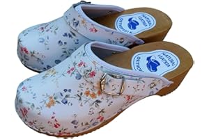 PAFOLI Women’s Leather Clogs - Natural Swedish Handmade Wooden Sole Sandals Easy Fit with Strap Buckle in Smooth Finish Available in All UK Sizes