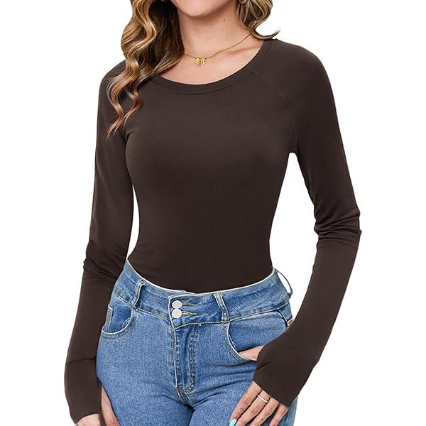 Crewhpo Dames T-shirt met lange mouwen T-shirt met ronde hals chic elegant tops effen kleur top losse pasvorm onder basic trui met duimgaten voor herfst winter S-XXL, Zwart, M