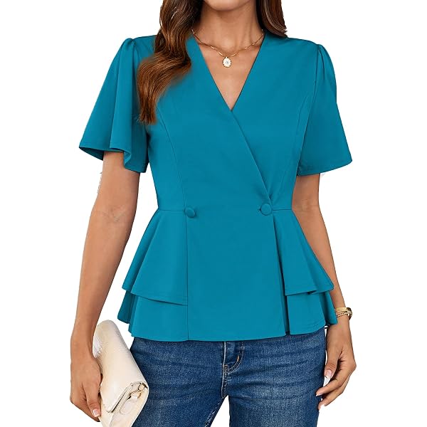 LEKOPUR Camicia da donna estiva a maniche corte, con scollo a V, in tinta unita, in chiffon, per la primavera, elegante, casual, estiva, bianco, S