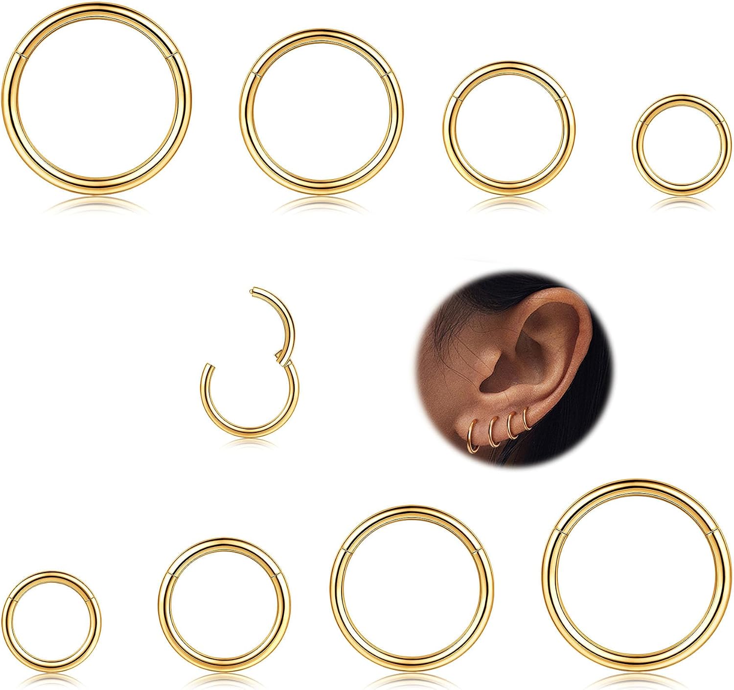 MILACOLATO 8Pcs 16G Surgical Steel Hinged Clicker Segment Nose Rings Hoop Helix Cartilage Daith Ohr Tragus Sleeper Earrings Body Piercing 6-12MM