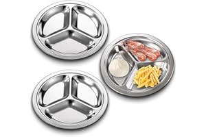SUNOYA Lot de 3 Assiettes Divisées en Acier Inoxydable, Plateau de Service Alimentaire en Acier Inoxydable, avec 3 Copmpartment, pour Étudiants, Adultes, Camping, Restaurant