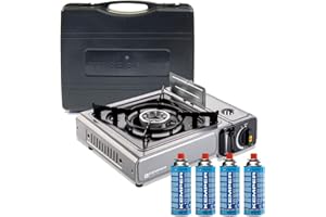 KEMPER - Réchaud à gaz 2200W INOX + 4 Cartouches de gaz Double système de sécurité Puissance réglable