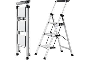XinSunho Escabeau 3 Marches en Aluminium, Échelles Pliable avec Main Courante Extractible, Petit Escabeau Antidérapant Échelle Multifonctions pour la Maison et Le Bureau, Capacité 150 KG