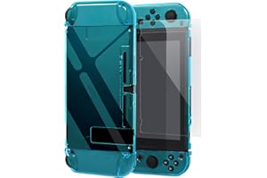 Dockable Protective Cover Case with Screen Protector Compatible with Nintendo Switch, YUANHOT Switch Hard Shell Case and Thumb Grip Caps Accessories, Crystal Plastic Case Protector - Blue