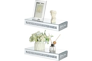 BTSKY Prostokątne szklane półki pływające z lustrem i kruszonymi diamentami, ekspozycja na ścianę, dekoracyjne 38 x 15 x 5,8 cm