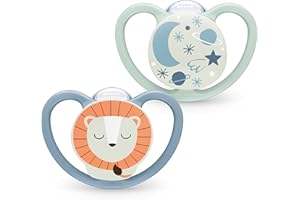 NUK Space Night Babyschnuller | 0−6 Monate | Im Dunkeln leuchtende Schnuller mit zusätzlichen Öffnungen für sensible Haut | BPA-freies Silikon | Löwe | 2 Stück