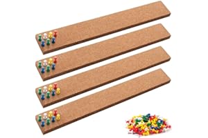 FEELAVA Tira de barra para tablones de anuncios, 4 unidades de corcho, barra de anuncios con 30 piezas de empuje Tablero de Anuncios de Barra de Corcho barras de corcho de corcho sin marco tiras de corcho