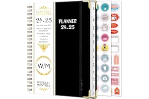 NEYSA Agenda 2024 2025 Semainier Spirale, A5 Planner Scolaire Juillet 2024 - Juin 2025 (12 mois) Avec Autocollant pour planificateur,Sac de stockage pliable (Noir24-25)