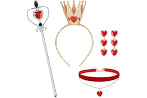 Spinosaurus 4-teiliges Schmuck-Set für die Königin der Herzen, goldfarbene Krone, Stirnband, rote Herzen, Ohrringe, Filz, Choker, Zauberstab, Kostümzubehör