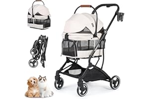 Beberoad T3 3-in-1 Pet Stroller Dog Pram for Small Medium Dogs Cats Under 44lbs, Foldable Pet Pram Dog Pushchair Detachable Carrier with Pad & Cup Holder, Beige