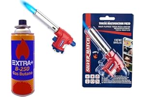 DISPAU presenta Soplete SM de cocina de gas, 1300°, lámpara de soldadura, antorcha multifunción, encendido rápido y seguro para cartucho de gas butano, ideal, pandeo (1 GAS EXTRA + 1 CABEZAL SOPLETE)
