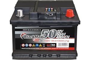 Autobatterie 12V 50Ah 480A/EN BlackMax Starter 30% mehr Leistung ersetzt 36Ah 41Ah 44Ah 45Ah, PKW