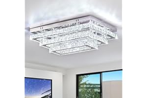 Finktonglan Modern Crystal LED Ceiling Light Fixture 20” Rectangular Flush Mount Chandelier Ceiling Lights 3-Tiers Stainless Steel Ceiling Lamp Fixtures for Living Room Dining Room(6500K Cool White)