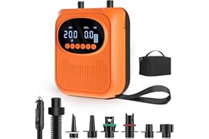 Mojimdo Electric SUP Pump 20PSI with Light, Rechargeable Paddle Board Pump 5 Modes & Custom Mode, Dual Stage Fast Inflation & Auto-off with 12V DC Car Charge for Paddleboard, Tent, Mattress