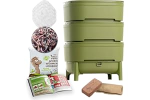 MOUTTA WORMcube Grün Design & Compact I 3-Etagen-Wurmkomposter I 250 gr Kompostwürmer / 500 STK. I Komplett-Set I Stoppfilter zum Ertrinken von Würmern