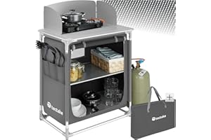 TecTake® Meuble de Rangement Cuisine de Camping Pliable en Aluminium, avec Étagères, Plan de Travail, Pieds réglables, Sac de Transport Inclus, Stockage pour Vaisselle, Accessoires Cuisine, Aliments