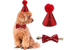SYMPHONYW Dog Birthday Hat, Pet Dog Cat Birthday Hat and Bow Tie Collar Pet Birthday Costumes Outfit Headwear Party Decorations for Puppy Kitty (RED)