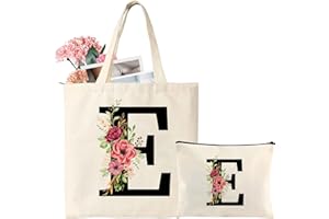 TARKLANDA Personalized Initial Cotton Tote Bag, Canvas Reusable Shopping Bags with Makeup Bags, Gifts for Women, Mom, Teachers, Nurses, Best Friends, Bridesmaids, Monogrammed Gifts for Wedding, Birthday(E)