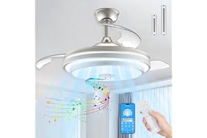 FIMEI Ceiling Fan with Retractable Blades, 42.13'' Silent Invisible Fan with Bluetooth Audio, Remote Control & APP, 6 Reversible Speeds and 3 Color Temperatures, Modern Fan Lighting for Living Room