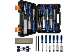 YOUSEAHOME 10-Piece Wood Chisel Set, Bevel Edge Wood Carving Chisel, Soft Grip with Strike Cap Set for Woodworking, Cr-V Construction Heavy Duty Chisel with Honing Guide, Sharpening Stone, Pencil & Storage Case