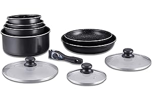 Herzberg Batterie de Cuisine - lot de casserole induction - set casserole et poele tous feux - set de cuisine en revêtement pierre avec manche amovible 10 pieces HG-5000 Noir