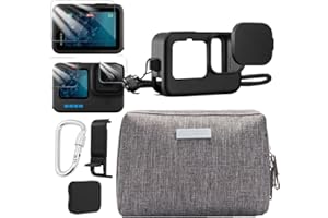 LEWOTE Accessories Kit Compatible with GoPro Hero11/10/9[Silicone Camera Case Cover and Lens Cap][3D Screen Protector Film][Battery Side Cover][Outdoor Carrying Case Bag with Auto Locking Carabiner]