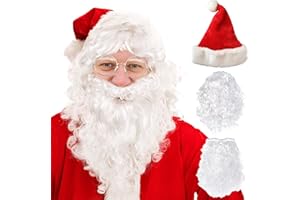 Ctxtqtdt 3 Stück Weihnachtsmütze Weihnachtsmann Bart und Perücke, Weiß Perücke + Bart + Mütze, Nikolaus Bart und Perücke, Weihnachtsmann Kostüm für Weihnachten Halloween Party Deko (A)