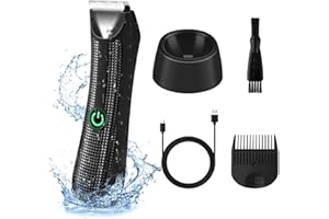 TEPIMATO Body Hair Trimmer Men,Ipx Waterproof Body Trimmer Men,Electric Groin Hair Trimmer with Ceramic Blade Head, Led Light and Charging Base,2-in-1 Wet/Dry Pubic Hair Trimmer for Men