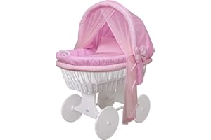 WALDIN BABY COLLECTION WALDIN Landau/Berceau bébé Complet, XXL, 24 modèles Disponibles, Cadre/Roues Blanc laqué, Couleur du Tissu Rose/Carreaux