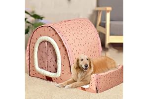 XPNIT Extra Large Jumbo Dog Bed House,Calming Dog Kennel with Curtain Foldable 2-In-1 Dog Sofa Cushion Warm Pet Shelter Washable (2XL-92 * 68 * 72cm,Pattern-F)
