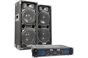 SKYTEC MAX28 - DJ Anfänger Set - DJ Boxen Set, inklusive Verstärker, 1000 Watt Endstufe, MAX28 Bundle 2 Lautsprecher mit Verstärker, PA Disco Boxen, Disco-Lautsprecher DJ Anlage, Komplett Set