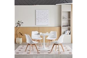 GrandCA HOME Juego de Mesa de Comedor Moderna y 4 Sillas, Mesa de Comedor Redonda MDF Blanco para 2-4 Personas + 4 Sillas de Cocina Blancas, para Cocina Comedor Sala de Reuniones