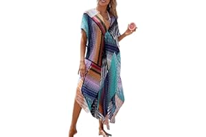 Bsubseach Women's Print Turkish Kaftan Beachwear Bikini Cover Up Maxi Dress