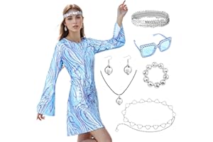 MATREEGLAM Hippie Kostüm Set für Damen, Retro Kleidung Frauen mit Kleid Stirnband Sonnenbrillen Haarschmuck, 60er 70er Party für Karneval, Cosplay Fasching Kostüme (Blau, L)