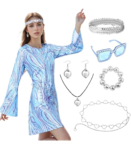 Johiux Set di 4 costumi da donna hippie anni '60 anni '70, costume da donna hippie anni '70, costume da donna hippie, abito da discoteca, costume da discoteca, costume da carnevale per