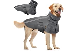 SlowTon Wintermantel für Hunde, Warmes Futter aus Polar Fleece Außenjacke für Hunde mit Rollkragenschal Reflexstreifen Winterjacken Hundemantel Baumwolle Hundegeschirr (XL, Grau)
