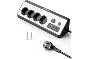 STARYAR Desktop Power Strip, 4-Way Multiple Socket with USB and 2 Type-C, 16 A 3680 W Corner Socket with 2 Switches, Power Strip Surge Protection with LED, Multiple Plug for Kitchen, Office, Black